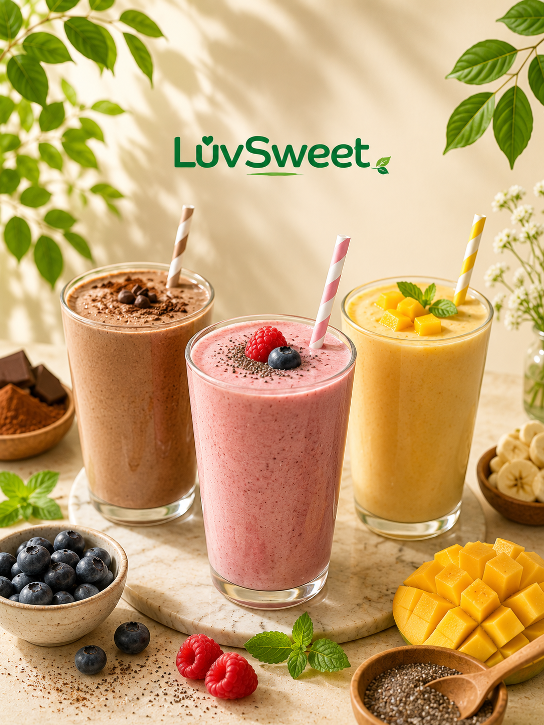 Colourful smoothies and shakes made with LuvSweet solutions